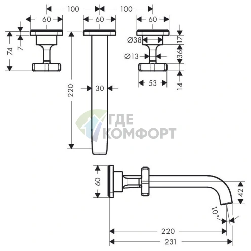 Встраиваемый смеситель AX Citterio E для раковины на 3 отверстия с розетками, хром (36107000) - фото 2