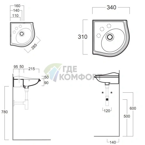 Угловая раковина SIMAS Arcade 34x34 см белого цвета - фото 2