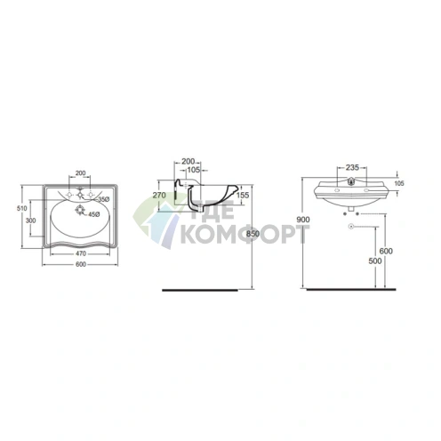 Раковина AZZURRA JUBILAEUM с задней спинкой 60x51 см, белая, с отверстием под смеситель - фото 8