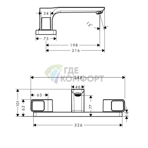 Смеситель AX Urquiola на борт ванны с панелью на 3 отверстия, хром (11436000) - фото 2