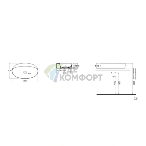 Накладная раковина AZZURRA ELEGANCE 70×42 см без отверстия под смеситель, белая - фото 3