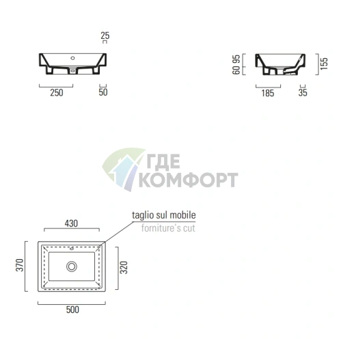 Накладная раковина GSI Kube 50x37 см белого цвета без отверстия под смеситель - фото 2