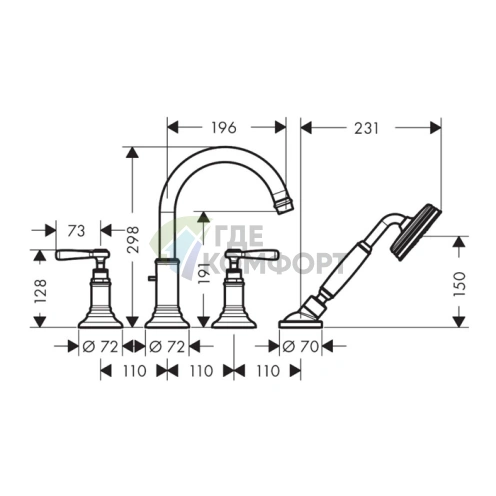 Смеситель для ванны AX Montreux с 4 отверстиями, рычажными рукоятками и ручным душем в шлифованном никеле (16550820) - фото 2