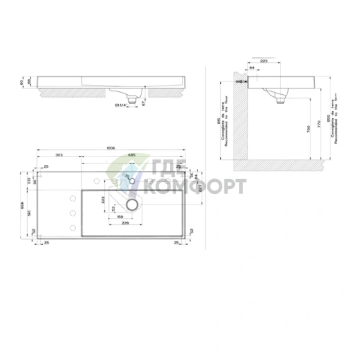 Подвесная раковина Gessi Rettangolo 100x45 см с донным клапаном, белая - фото 2
