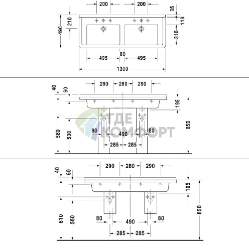 Раковина Duravit Starck 3 двойная 1300x485 мм с двумя отверстиями под смеситель и переливом, белый (865160000) - фото 9