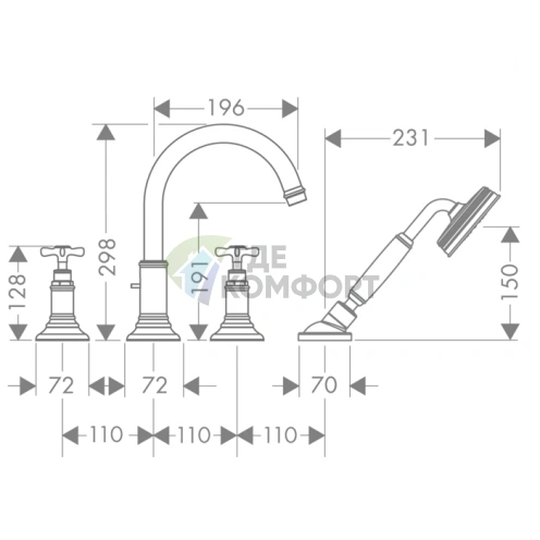 Смеситель для ванны AX Montreux на борт с ручным душем, 4 отверстия, шлифованный никель (16546820) - фото 2