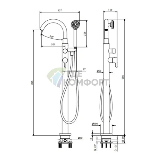 Смеситель напольный для ванны Fantini Icona Classic с ручной лейкой в матовом золоте PVD (53 P6 R080B) - фото 2