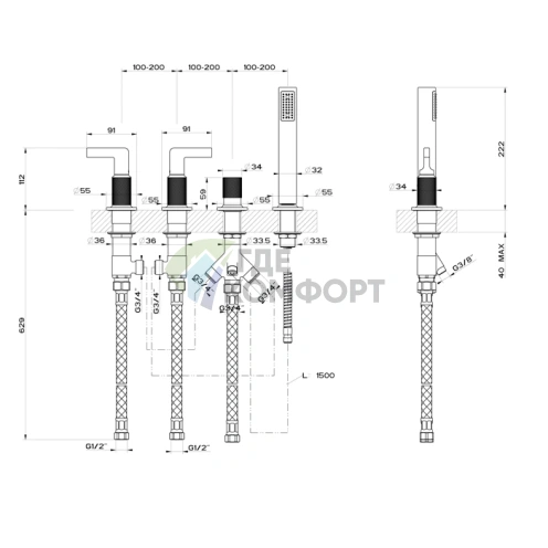 Смеситель для ванны GESSI INCISO с ручным душем и системой наполнения, цвет Black XL (58043#299) - фото 2