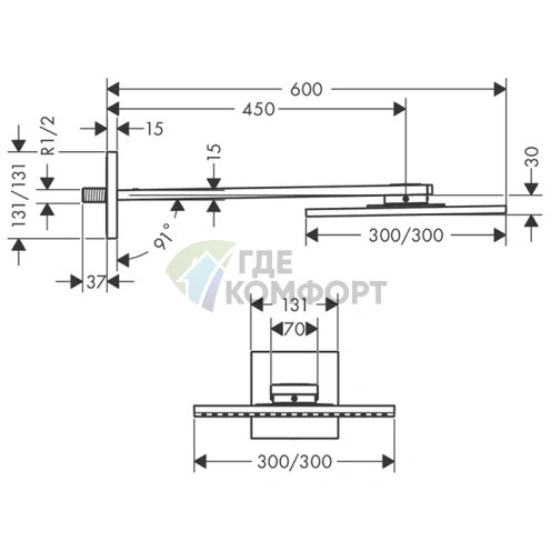 Верхний душ AX ShowerSolution 300x300 мм с держателем 450 мм, хром (35314000) - фото 2