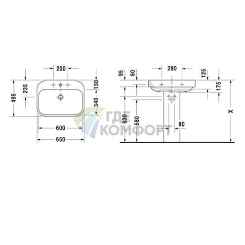 Раковина DURAVIT Happy D2 65х50 см белая с отверстием под смеситель (2316650000) - фото 2
