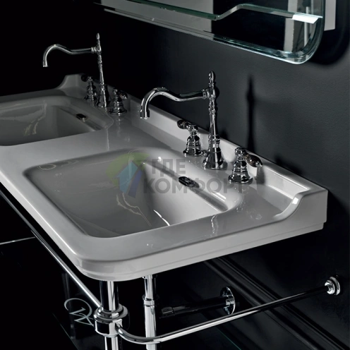 Двойная керамическая раковина Kerasan Waldorf 150×55 см, белая, с 3 отверстиями под смеситель (4143K1bi/cr*3) - фото 2