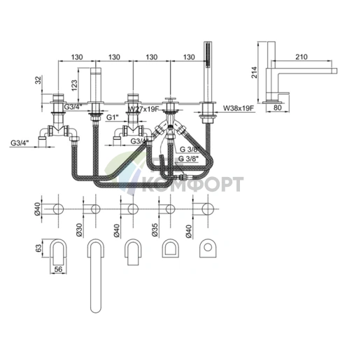 Смеситель для ванны Fantini Mare с ручным душем и 2 источниками воды (51 02 6365) - фото 2