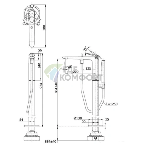 Напольный смеситель для ванны TOTO ZA с ручным душем, хром (TBP03301R) - фото 2