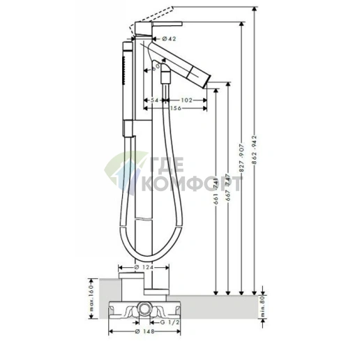 Смеситель для ванны AX Starck напольный с ручным душем, хром (10455000) - фото 2