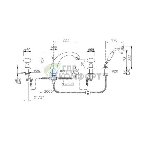 Смеситель для ванны Nicolazzi Cristallo Di Rocca с ручным душем, накладной монтаж, хром (2104CR09C) - фото 2