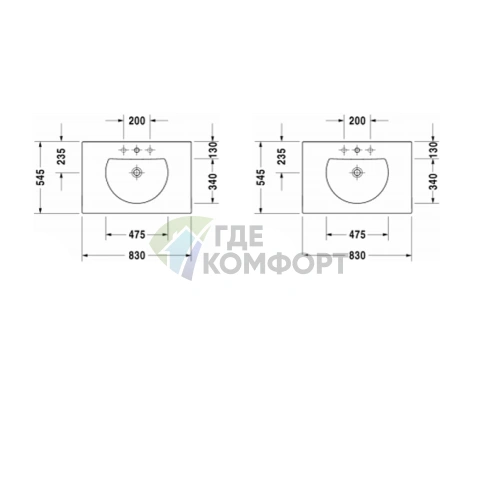 Раковина Duravit Darling New для мебели с переливом и 3 отверстиями под смеситель 830x545 мм белого цвета (499830030) - фото 2