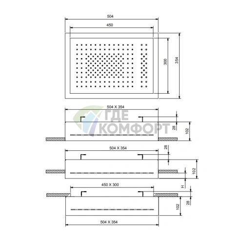 Верхний потолочный душ Fantini Acquafit 35x35/50x35 см, 2 потока, встроенная часть, Matt British Gold PVD (79 P6 K022) - фото 2