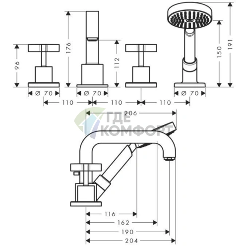 Смеситель AX Citterio для ванны с ручным душем и крестовыми рукоятками, хром (39453000) - фото 2