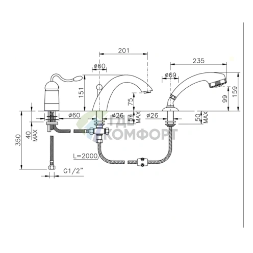 Смеситель для ванны Nicolazzi Signal с переключателем, встраиваемый в борт, излив 201 мм, хром (3414CR20) - фото 2