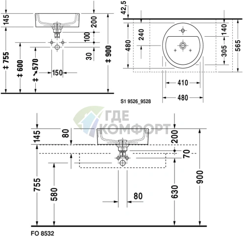 Раковина Duravit накладная круглая 480 мм с отверстием под смеситель и переливом, белая (446480000) - фото 2