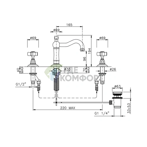 Смеситель для раковины Nicolazzi Dames Anglaises на 3 отверстия с донным клапаном, хром (1409CR18) - фото 2
