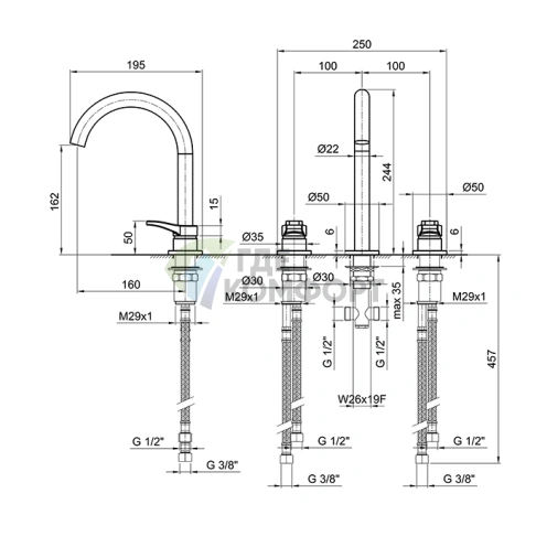 Смеситель для раковины Fantini AL/23 хром: компактный излив 160 мм, 3 отверстия (26 02 B204WF) - фото 2