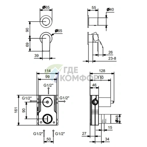 Встраиваемый смеситель для душа Fantini MYO на 3 выхода, черный матовый (61 13 V689B) - фото 2
