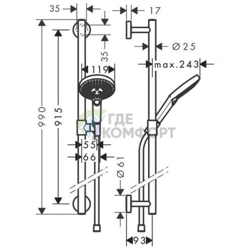 Душевой набор HG Raindance Select S с ручным душем 3jet и штангой 900 мм, цвет хром (26322000) - фото 2