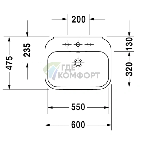 Раковина DURAVIT Happy D2 60x47.5 см без отверстия под смеситель, белая (2316600060) - фото 2