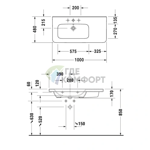 Раковина Duravit DuraStyle асимметричная с 3 отверстиями для мебели (2325100030) - фото 2