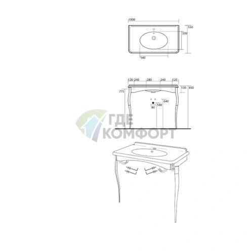 Раковина консольная KERASAN Retro 100x55 см белая с хромированными ножками (1049K0 bi*1 cr legs) - фото 2