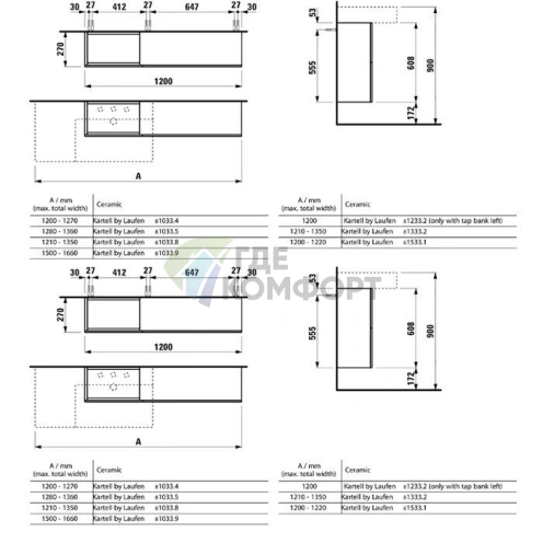 Тумба под раковину Laufen Kartell 120 см сланцево-серая (1 дверца, 2 створки) (4.0829.1.033.642.1) - фото 2