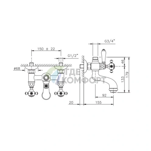 Смеситель для ванны Nicolazzi Le Pietre с двумя ручками и верхним подключением 1/2 для душевой стойки, хром (2100CR09) - фото 2