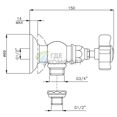 Запорный вентиль для стиральной машины Nicolazzi 3/4 внутренняя резьба, золото (1447GB78) - фото 2