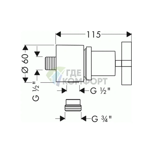 Вывод воды AX Citterio для ручного душа с клапаном, вентилем Fixfit Stop и крестовой ручкой, хром (39883000) - фото 2