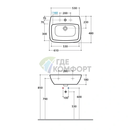 Подвесная раковина GLOBO Daily 61x48 см белого цвета с полуколонной - фото 2