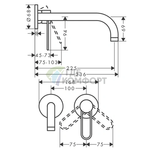 Встраиваемый смеситель AX Uno для раковины на 2 отверстия с донным клапаном, хром (38122000) - фото 2