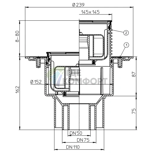 Трап HL3100Pr с решеткой 138x138 мм и вертикальным выпуском DN50/75/110 - фото 3