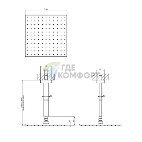 Душевая система Gessi Rettangolo с потолочным креплением 300x300 мм, регулируемая по высоте, черный (15199#299) - фото 2