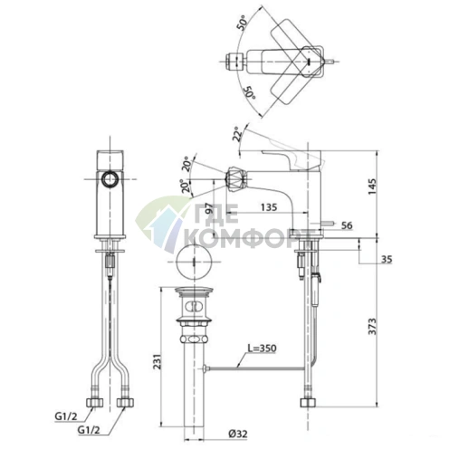 Универсальный смеситель для биде TOTO GE с клапаном перелива, хром (TRG07301R) - фото 2