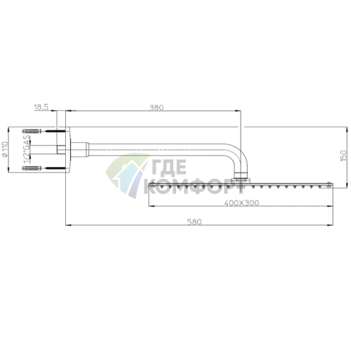 Верхний душ BOSSINI PARIS-RECTANGULAR 400x300 мм с настенным кронштейном, хром (H77607.030) - фото 2