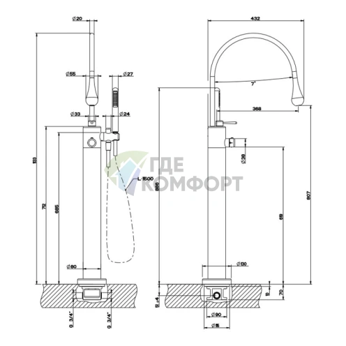 Напольный термостатический смеситель Gessi Goccia для ванны с ручным душем, матовый черный (24978#299) - фото 2