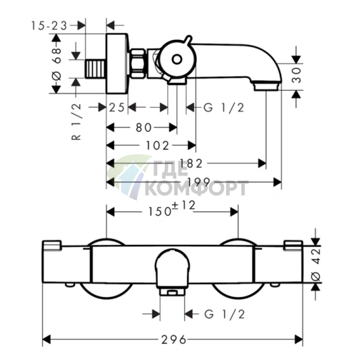 Термостат для ванны Hansgrohe Ecostat 100 с изливом 182 мм, хром (13201000) - фото 2
