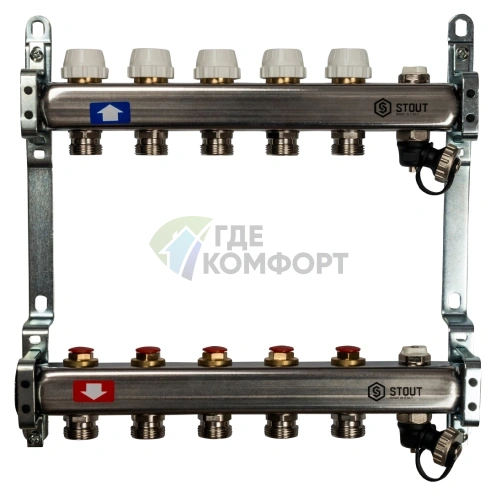 Коллектор Stout из нержавеющей стали с запорными кранами с клапаном вып. воздуха и сливом 5 выходов фото 1