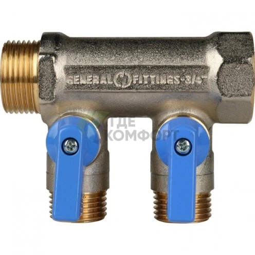 Коллектор распределительный 3/4 с запорными кранами и 2 отводами 1/2, ручки синие STOUT - фото 4