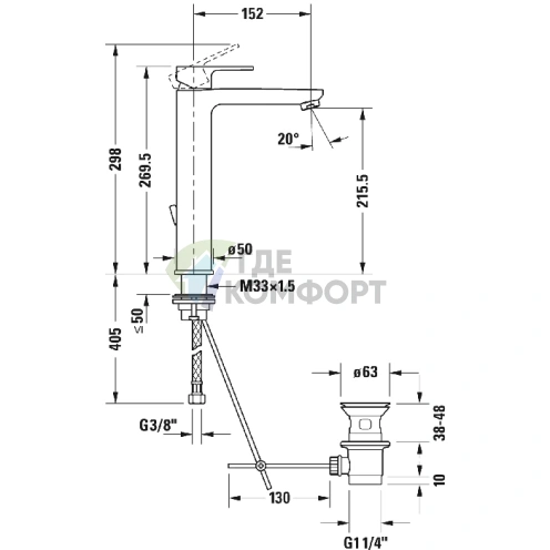 Смеситель для раковины Duravit B.3 высокий с донным клапаном, хром (B31030001010) - фото 2
