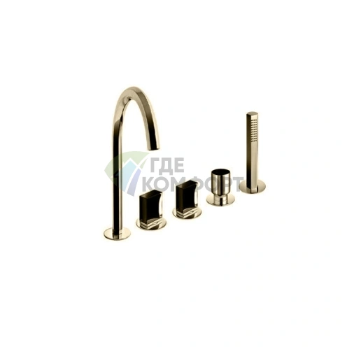 Смеситель для ванны Fantini Venezia с ручным душем, 5 отверстий, излив 175 мм, матовое золото (29 P6 N465S) - фото 1