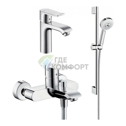 Комплект для ванной Hansgrohe Metris: смеситель для ванны с душем, смеситель для раковины и душевой гарнитур - фото 1
