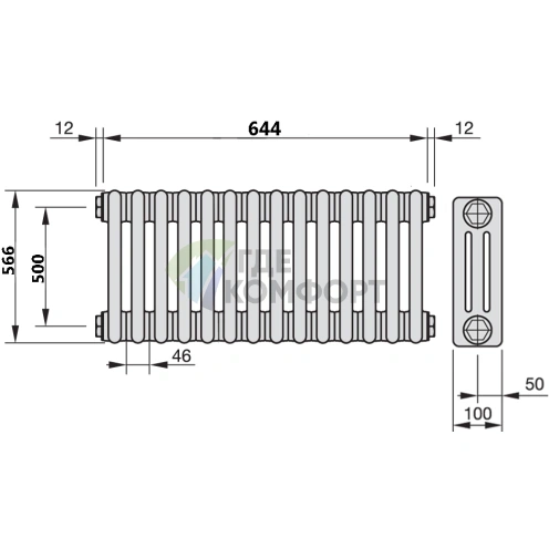 Трубчатый стальной радиатор Zehnder Charleston Z-3057/14 секций с боковым подключением N12 3/4 RAL 9016 - фото 3