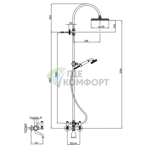 Верхний душ Bossini Liberty 210 мм: комплект со штангой и ручной лейкой в золотом цвете (L01203.021) - фото 2